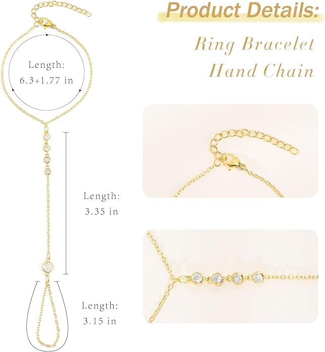 Hand Chain Bracelet, Adjustable Hand Jewelry Chain Bracelet with Ring, Trendy Gold Handchains Jewelry