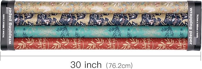 RUSPEPA Christmas Kraft Wrapping Paper - Reindeer, Berry Leaf and Text Design - 4 Rolls - 30 inches x 10 feet per Roll