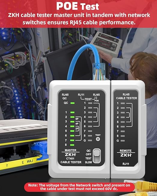 ZKH RJ45 Network Cable Tester, LAN & TEL Continuity Tester, Ethernet Cable Tester for RJ45, RJ11, RJ12, CAT5, CAT6, POE Test UTP/STP Shielded Ethernet Wires Test Tool