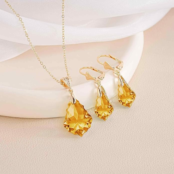 EVEVIC Austrian Crystals Baroque Pendant Necklace Earrings for Women 14K Gold Plated Hypoallergenic Leverback Drop Dangle Earrings Jewelry Set