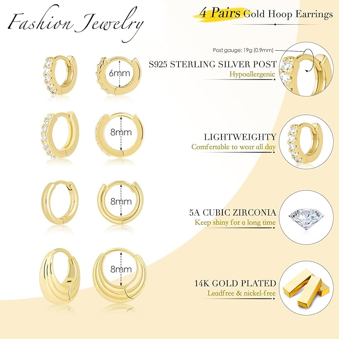 Small Gold Huggie Hoop Earrings Set for Women Men Hypoallergenic 14K Plated Stack Cartilage Earrings, Multiple Piercing Lightweight Mini Thin Cute Dainty Trendy Jewelry Set Christmas Gifts for Women