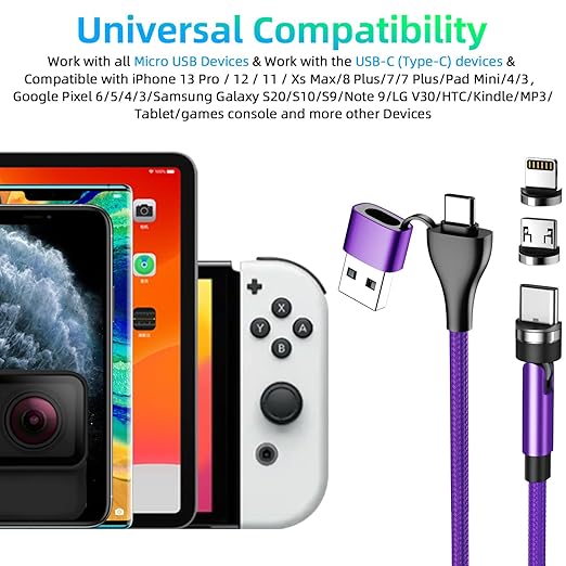 5-in-1 Magnetic Charging Cable, 540° Rotation Magnetic Phone Charger [4-Pack, 3ft/3ft/6ft/10ft] USB A/Type C Fast Charging Charger Cable for iproduct/Micro USB/USB C Devices-Purple