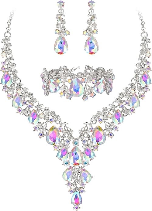 BriLove Women's Wedding Bridal Austrian Crystal Teardrop Flower Cluster Statement Necklace Dangle Earrings Jewelry Set for Party Prom