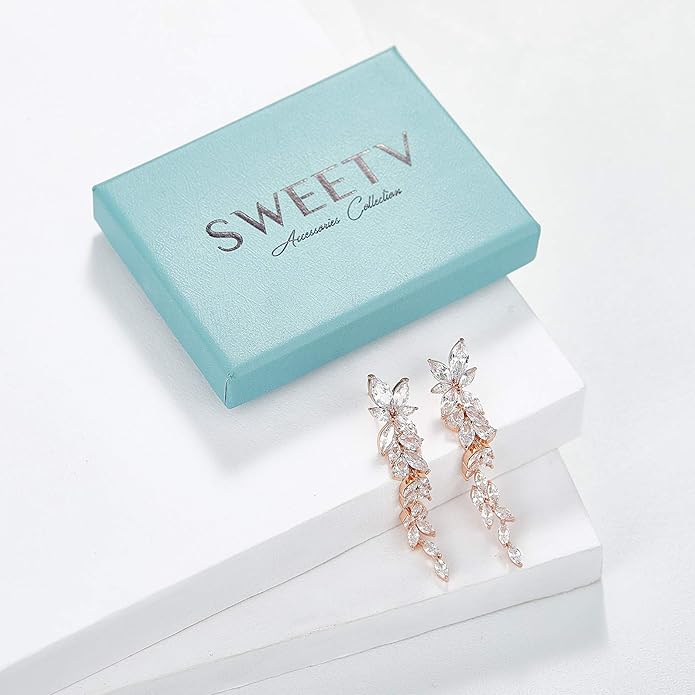 SWEETV Marquise Cubic Zirconia Wedding Earrings for Women Brides, Crystal Chandelier Bridal Drop Earrings for Prom Pageant