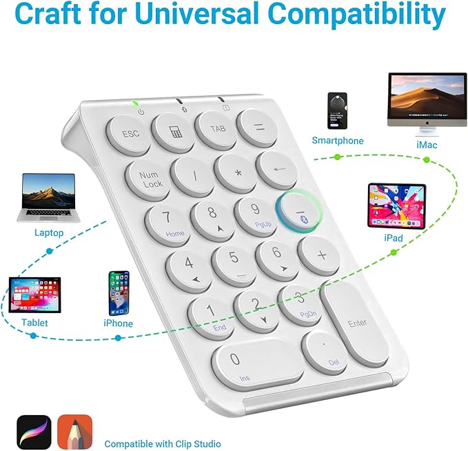 iClever Number Pad, KP08 Bluetooth Number Pad, Ultra Slim and Lightweight, USB-C Charge, Number Pad for Laptop, iPad, Mac, iMac, Tablet, PC Desktop