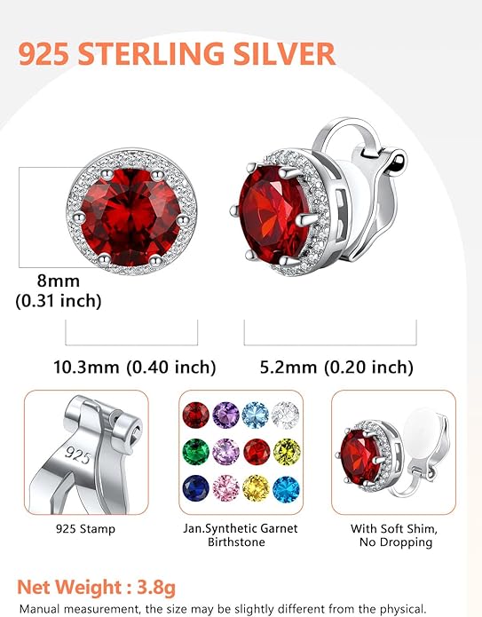 Silvora 925 Silver 8MM Cubic Zirconia Birthstone Clip On Stud Earrings Round Non Pierced Earrings For Women,Come with Box