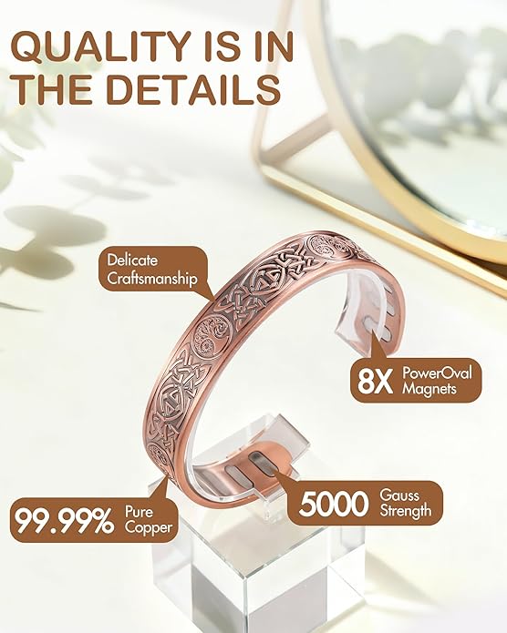 Feraco Copper Bracelet for Men, 5X Ultra Strength Magnetic Cuff Bangle with 5000 Gauss Neodymium Magnets, 99.99% Pure Copper Jewelry Gift, Adjustable