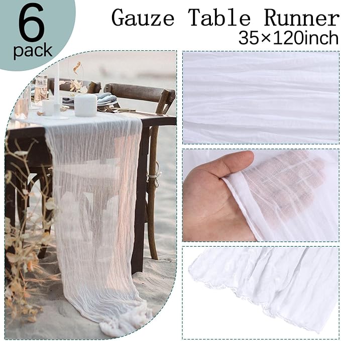 6 Pack White Cheesecloth Table Runner 10FT Boho Gauze Cheese Cloth Fabric 35 x 120 Inch Rustic Sheer Runner for Christmas Wedding Decor Baby Shower Party Boho Decoration