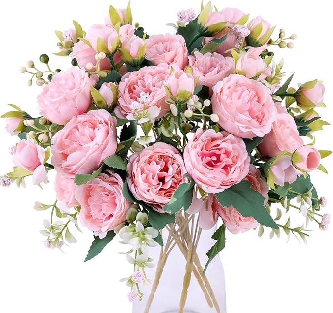 Floweroyal 4 Bunches Peony Artificial Flowers Pink Flowers Silk Peonies Bouquets for Wedding Party Table Centerpieces Floral Arrangement Home Kitchen Decor.