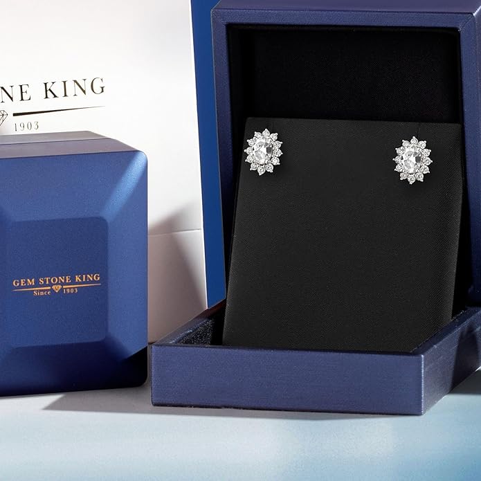 Gem Stone King 7X5MM Oval Gemstone Birthstone Stud Earrings For Women | Princess Diana Royal Halo Style | 925 Sterling Silver | Fine Jewelry Gifts for Anniversary Wedding Her Mom Women Wife