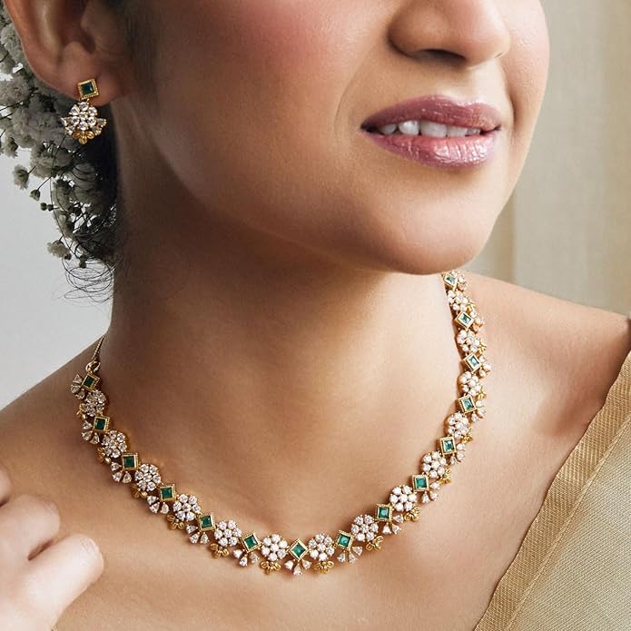 TARINIKA Green and White Cubic Zirconia(CZ) Indian Necklace Set with Earrings, Gold Plated Brass Fashion Indian Jewelry Gift for Women Bollywood Costume Jewellery