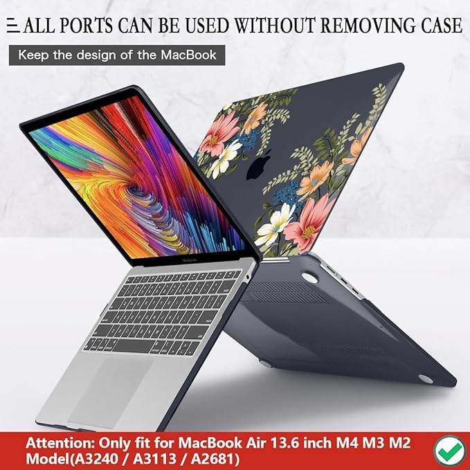 CISSOOK Compatible with MacBook Air 13.6 Inch Case 2025 2024 2023 2022, Plastic Hard Shell Case with Keyboard Cover for MacBook Air 13.6 M2 M3 M4 Chip A2681 A3113 A3240 Model, Retro Flower
