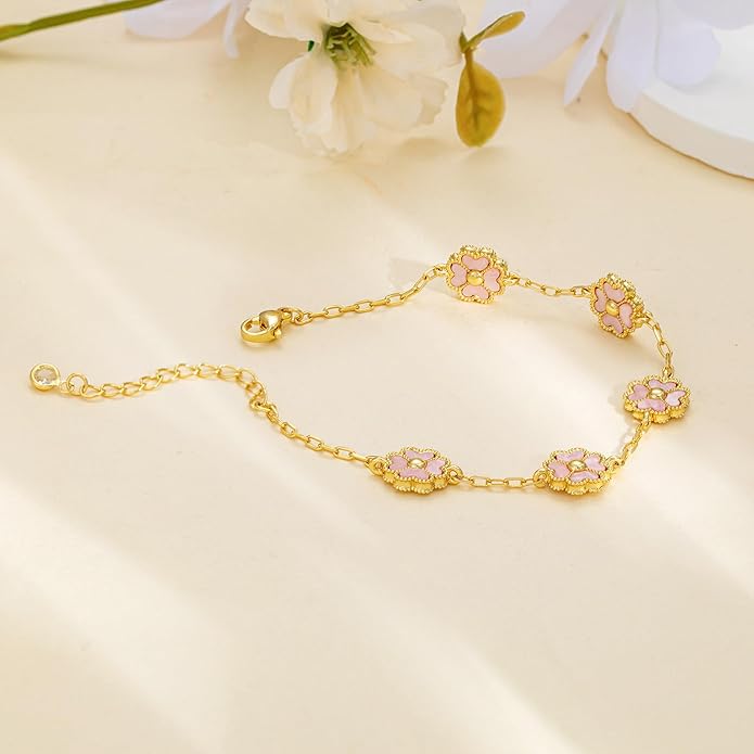 14K Gold Plated Clover Bracelets for Women Flower Four Leaf Link Bracelets Trendy Jewelry Gifts for Women