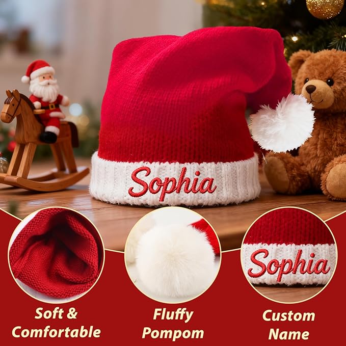 Custom Santa Hat for Adult Kids Personalized Gift Christmas Hats Monogram Red Santa Beanie Boy Girl Winter Knit Hat