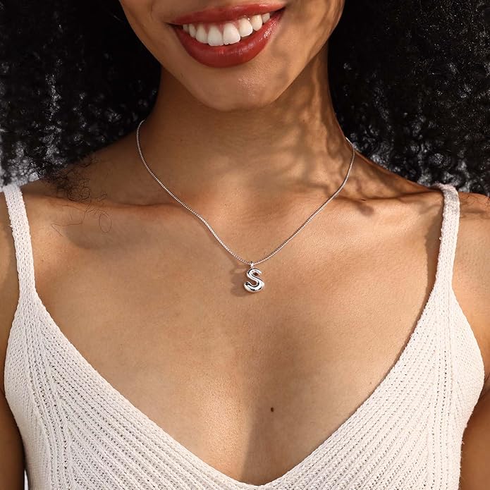 Bubble Gold Silver Letter Necklace Initial Necklaces for Women Trendy 14K Dainty Charm Pendant Name Necklace Personalized Jewelry Gift for Women Teen