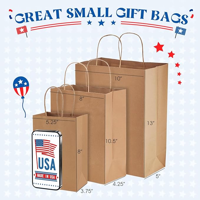 MESHA Kraft Paper Bags 5.25X3.75X8 Inch Brown Small Gift Bags with Handles Bulk,300 Pack for Small Business,Birthday Wedding Party Favor, Paper Shopping
