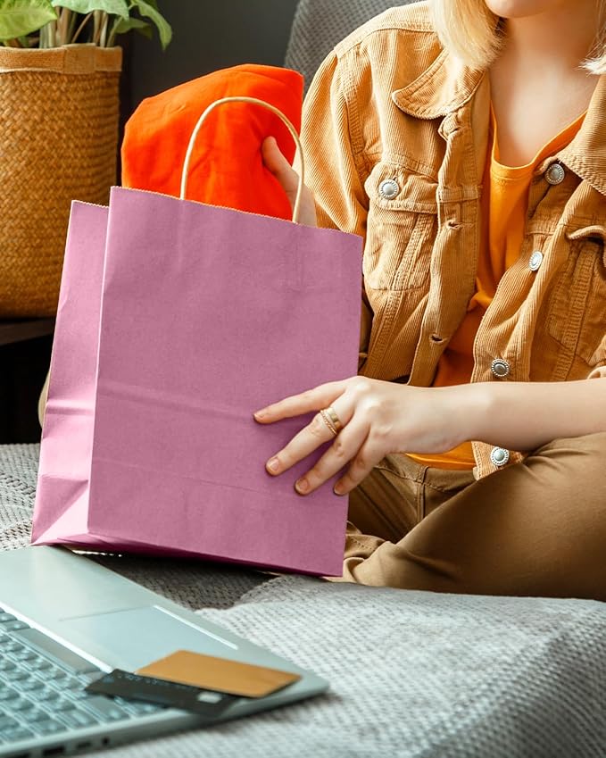 qiqee Purple Gift Bag with Handles Bulk 24Pcs Paper Bags -10.6"x8.3"x4.3"Party Favor Bags - Solid Color