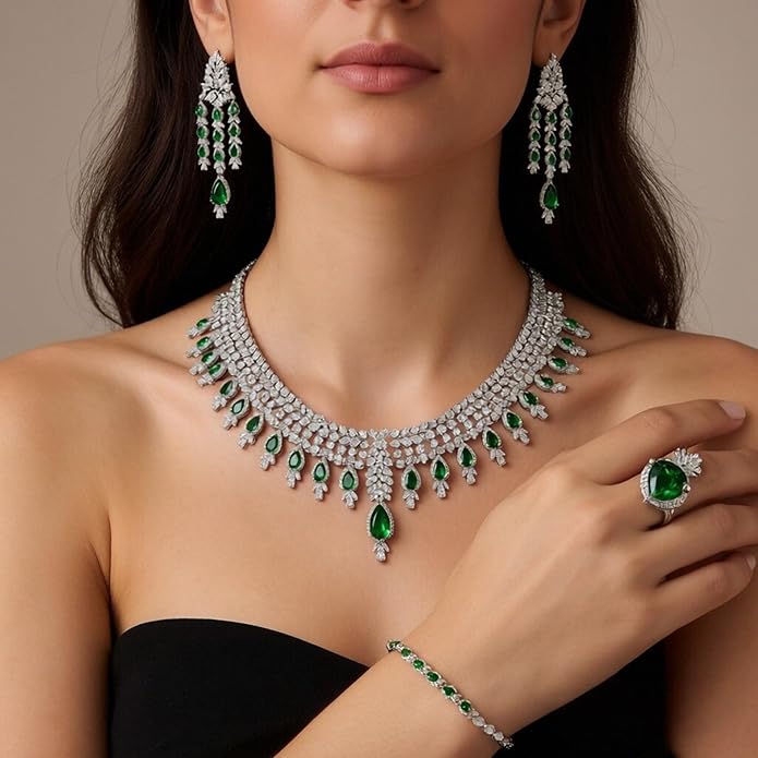 Rhinestone Wedding Bridal Jewelry Set Women's Prom-Style Necklace, Earrings, Bracelet, Ring Bridesmaid Gift Pairs with Evening Gown