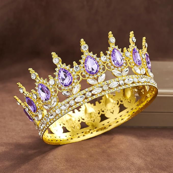 Queen Rhinestone Wedding Crown and Tiara for Women - Costume Party Hair Accessories, Princess Birthday Crystal Bridal Crown (Golden Purple)