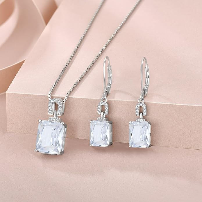 Emerald Cut Earrings 925 Sterling Silver Baguette Birthstone Dangle Drop Leverback Earrings Jewelry Gifts for Women