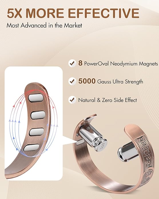 Feraco Copper Bracelet for Men, 5X Ultra Strength Magnetic Cuff Bangle with 5000 Gauss Neodymium Magnets, 99.99% Pure Copper Jewelry Gift, Adjustable