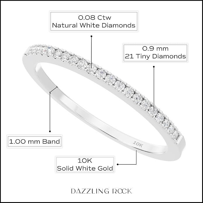 Dazzlingrock Collection Valentine's Day Gift 0.08 Ctw Womens Diamond Wedding Band, Real Natural Round White Diamond Minimalist Thin Stackable Ring for Her in 10K Solid Gold