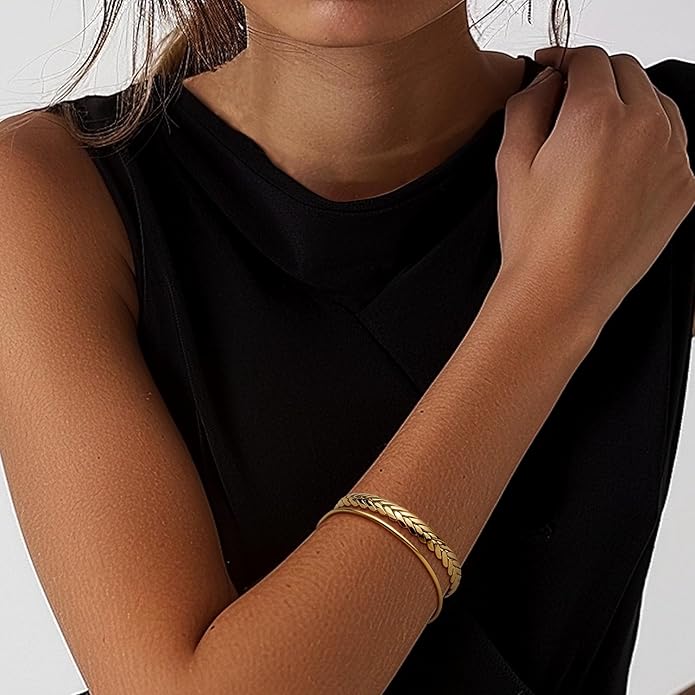 Dainty Gold Cuff Bracelets Set for Women, Non Tarnish Statement Wide Bangle Adjustable Wheat Braided Twisted Open Bracelet Beach Wedding Fashion Jewelry Gifts.