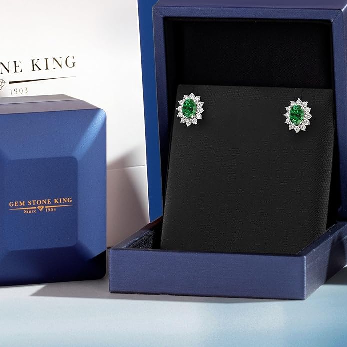 Gem Stone King 7X5MM Oval Gemstone Birthstone Stud Earrings For Women | Princess Diana Royal Halo Style | 925 Sterling Silver | Fine Jewelry Gifts for Anniversary Wedding Her Mom Women Wife