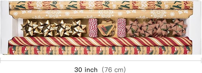 RUSPEPA Christmas Wrapping Paper Set - 4 Rolls of Kraft Wrapping Paper (30 Inches x 10 Feet Per Roll) with 8 Gift Bows, 1 Spools of Bakers Twine, Jute String, 30 Stickers and 30 Gift Tags - Red