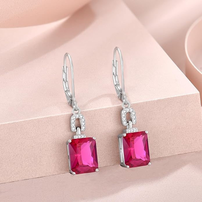 Emerald Cut Earrings 925 Sterling Silver Baguette Birthstone Dangle Drop Leverback Earrings Jewelry Gifts for Women