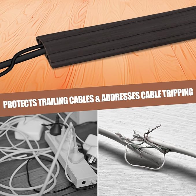 Floor Cord Cover Self Adhesive Cord Hider,10FT Cable Management, Extension Strip Protector for Wires, Prevent Cable Trips for Offices, Gyms, Exhibitions Cavity:0.51"(W) x 0.3"(H) Black Wood