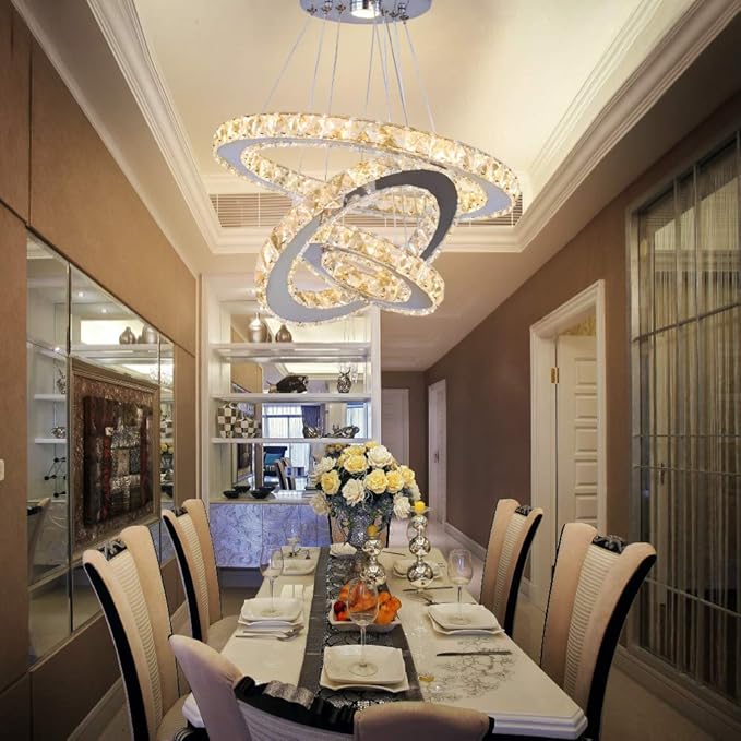 LED Chandeliers Modern Crystal 3 Rings Ceiling Lighting Fixture Adjustable Stainless Steel Pendant Light for Bedroom Living Room Dining Room(Warm White)