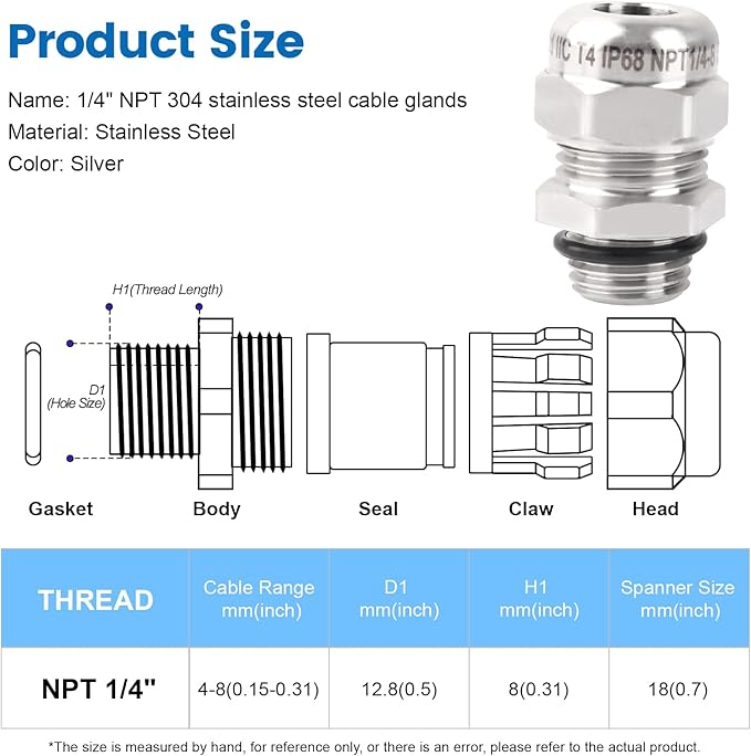 2 Pcs 1/4" NPT Stainless Steel Waterproof Cable Gland, IP68 Waterproof Adjustable Cable Glands, Strain Relief Cord Grip Connectors with Gaskets and Locknut for 4-8mm Cable Diameter