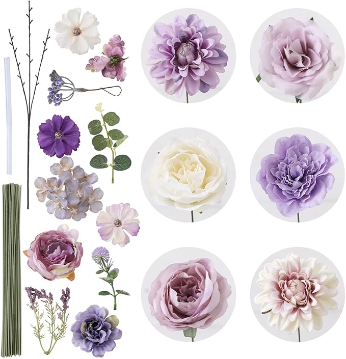 Floweroyal Artificial Flowers Combo Purple Flowers Mix Silk Flowers Dahlia Roses with Stems for DIY Wedding Bridal Bouquets, Baby Shower, Floral Arrangement, Table Centerpieces, Home Decorations.