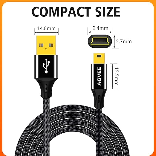 AGVEE 2 Pack 5ft Mini USB Cable, Braided Durable USB-A to Mini-B Charger Charging Cord for TI-84, Garmin GPS, Go-Pro Hero 4 3 2 HD, PS3 Controller, Canon Camera, Blue Yeti Microphone, Black