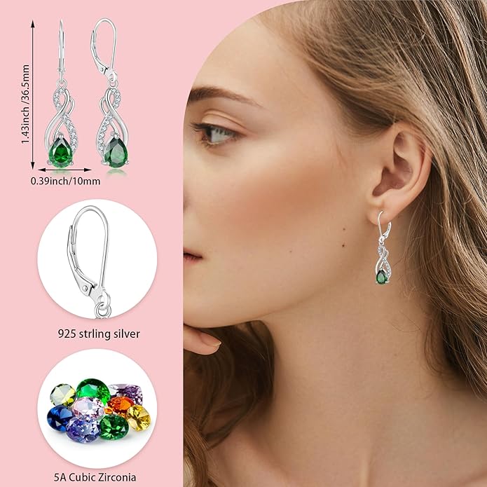 Infinity Love Birthstone Earrings for Women 925 Strling Silver 5A Cubic Zirconia Dangle Drop Leveback Earrings Jewelry Birthday Christmas Day Gifts for Her