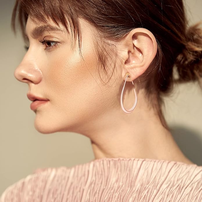 Lightweight Teardrop Hoop Earrings for Women - 14k Gold/White Gold Plated Large Oval Pull Through Hoop Earrings High Polished Statement Jewelry Gift for Women