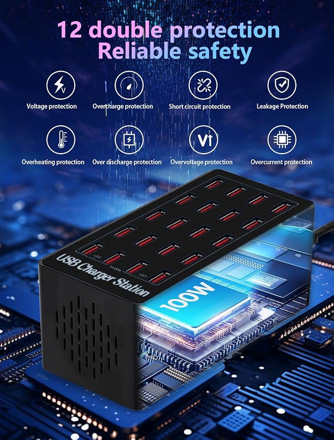 Charging Station, 100W20Port USB Charging Station, Multiple USB Charger Station, Charging Station for Multiple Devices, Multi USB Charging Station, Chargers for Multiple Devices, black