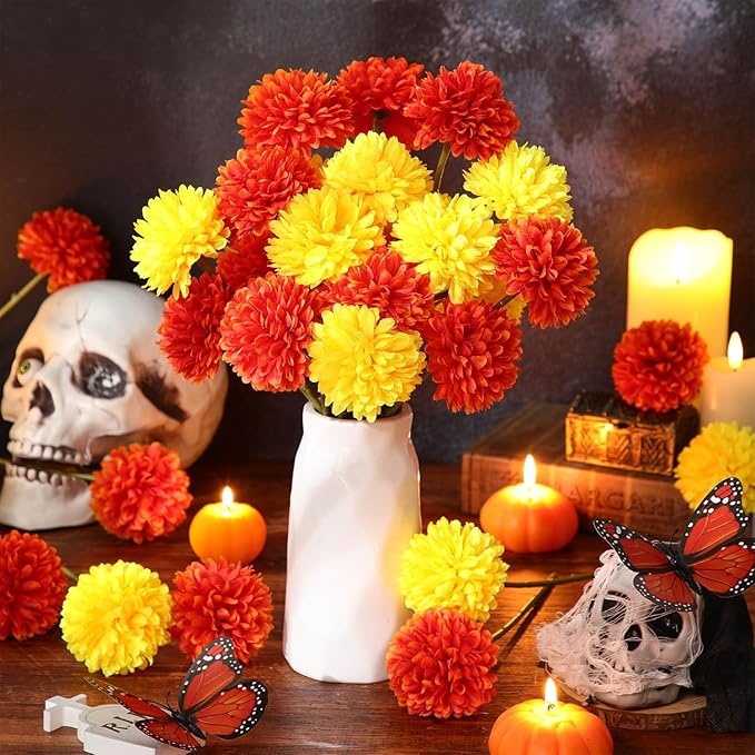 Kimura's Cabin 20Pcs Fake Silk Ball Flowers Artificial Chrysanthemum Faux Mums Bouquets Wedding Arrangements Halloween Thanksgiving Home Kitchens Table DIY Center Decoration (Orange Yellow)