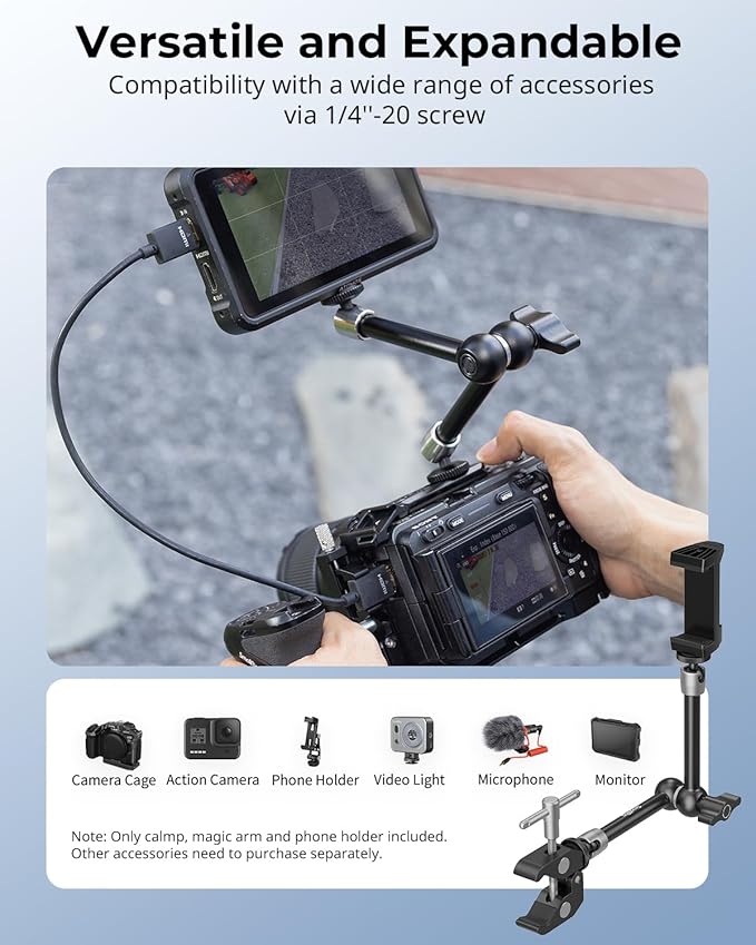 SMALLRIG Clamp w/ 1/4" and 3/8" Thread Holes, 9.8 Inches Adjustable Friction Power Articulating Magic Arm with Phone Holder for Action Cameras, Smartphones, LCD Monitor/LED Lights - 5326