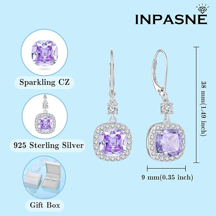 Princess Cut Jewelry Set 925 Sterling Silver Alexandrite Earrings Dangle Drop Leverback June Birthstone Necklace and Bracelet Jewelry Gifts for Women