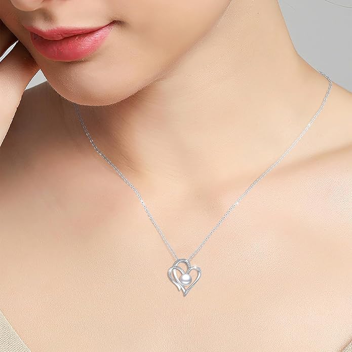 8mm Pearl Necklace 925 Sterling Silver Jewelry AAAAA Cubic Zirconia Heart Pendant Necklace Best Gifts for Mom Women Girlfriend Grandma Friend Lover Her Wedding Birthday Anniversary Graduation Daily