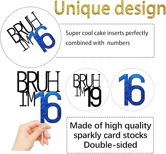 Bruh I'm 16 Cake Topper - Bro I'm 16, Happy Sweet 16 Ornament for Boys' 16th Birthday Party Supplies (blue 16)