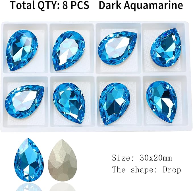 8Pcs Teardrop Crystal Pointback Rhinestones,30 * 20mm Large Glass Rhinestones Gem Stones for Crafts Dress Shoes Jewelry Making，Lake Blue