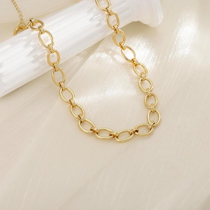 Gold Necklace for Women - Chunky 14K Gold Plated Chain Necklace Cuban Link Paperclip Chain Herringbone Statement Choker Necklace for Women Simple Trendy Jewelry Gifts