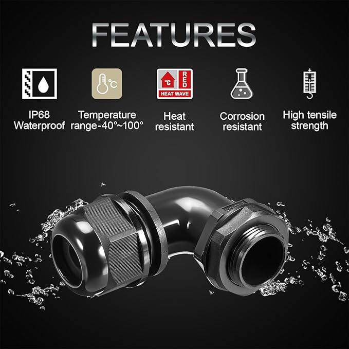 LeMotech M20 Cable Gland, 90 Degree Adjustable 9-14mm Strain Relief, Cord Connectors Nylon Joints with Gaskets, 6 Pcs, Black