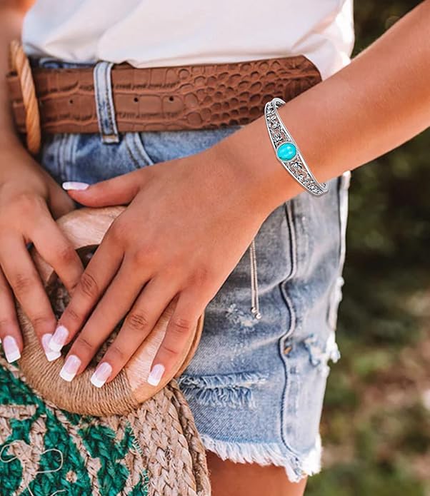 Genuine Turquoise Cuff Bracelet for Women, Sterling Silver Western Vintage Floral Bangle Native American Jewelry, For 6.5-7.5 Inch Wrists