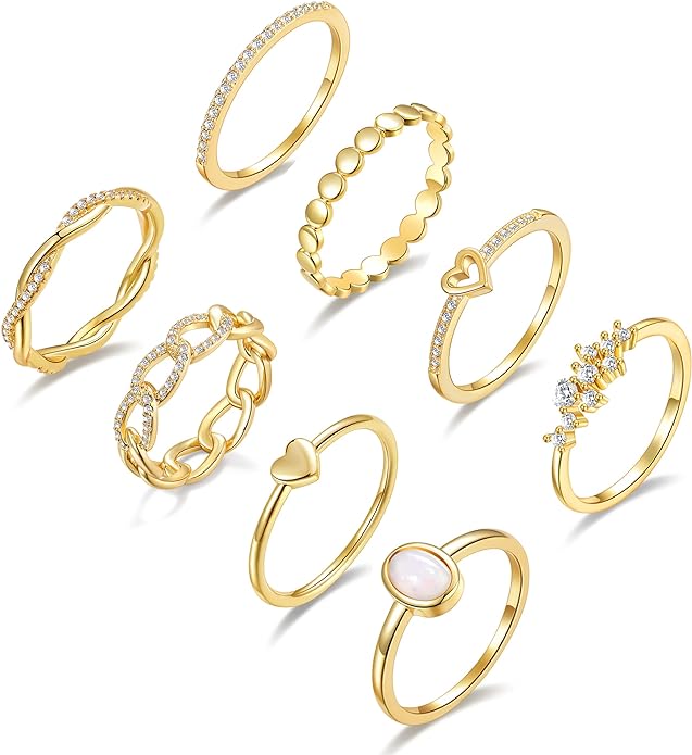 PLOMFOV 14K Gold/Silver Plated Stacking Rings Set for Women Non Tarnish CZ Heart Simple Cute Stackable Rings Dainty Trendy Gold Statement Rings Plain Band Size 4-12
