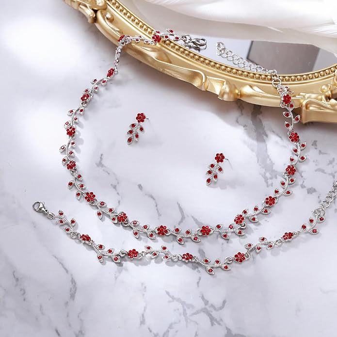 BriLove Wedding Jewelry Set for Women Bride, Gorgeous Stunning Crystal Flower Leaf Cluster Choker Necklace Link Bracelet Stud Earrings Bridal Bridesmaid
