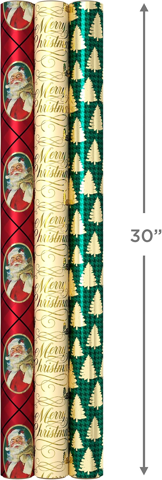 Hallmark Foil Christmas Wrapping Paper with Cut Lines on Reverse (3 Rolls: 60 sq. ft. ttl) Classic Santa Claus, Gold Merry Christmas, Green Plaid with Gold Trees